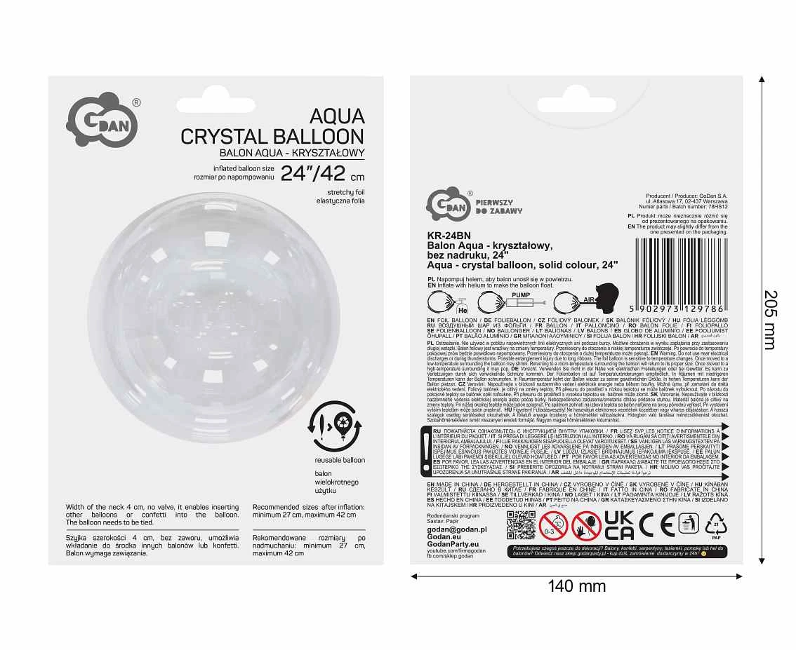 Balon Aqua - kryształowy, bez nadruku, 24" AA